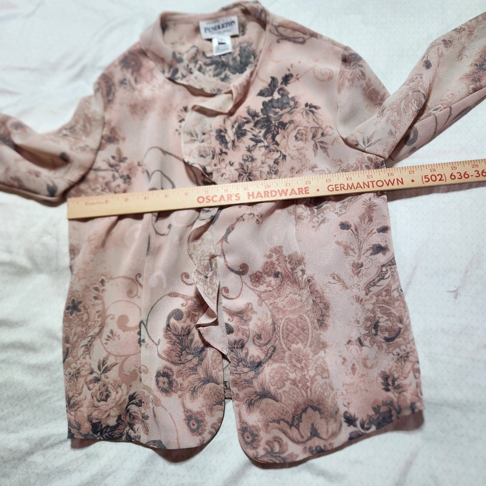 Pendleton Women's Sheer Floral Ruffle Blouse Dusty Rose Gray Long Sleeve Size 8 - Picture 7 of 10